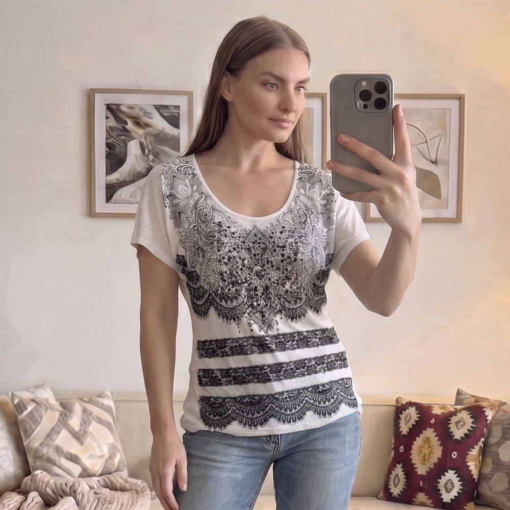 Y2K Grunge‎ Beaded Top Large White Black Sequin Paisley Graphic Boho Goth Indie